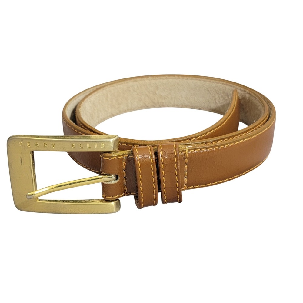 Perry Ellis Women Tan Genuine Leather‎ Slim Belt Gold Buckle Size M EUC